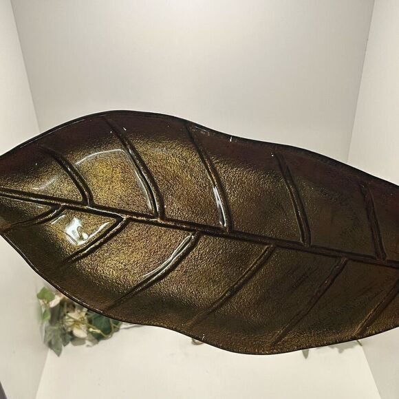 Vintage Glass Leaf Decorative Serving Tray 20” Gold-tone & Red Two-tone - Picture 6 of 6